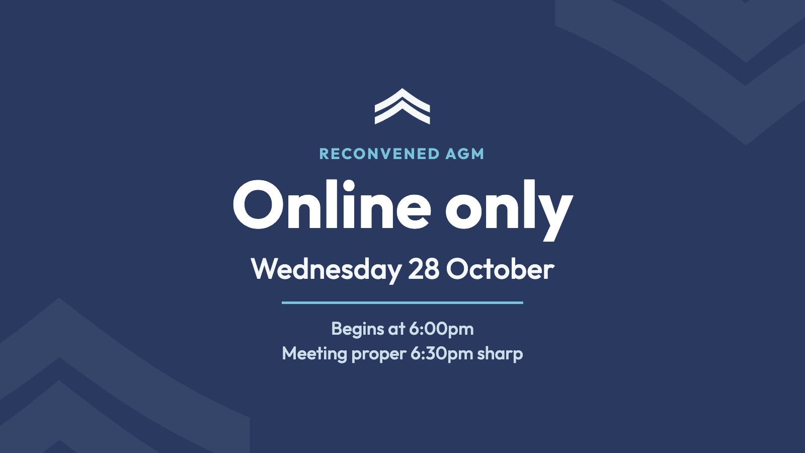 A navy HPRS card with the chevron logo reading: Reconvened AGM. Online only. Wednesday 28 October. Begins at 6:00pm, meeting proper at 6:30pm sharp