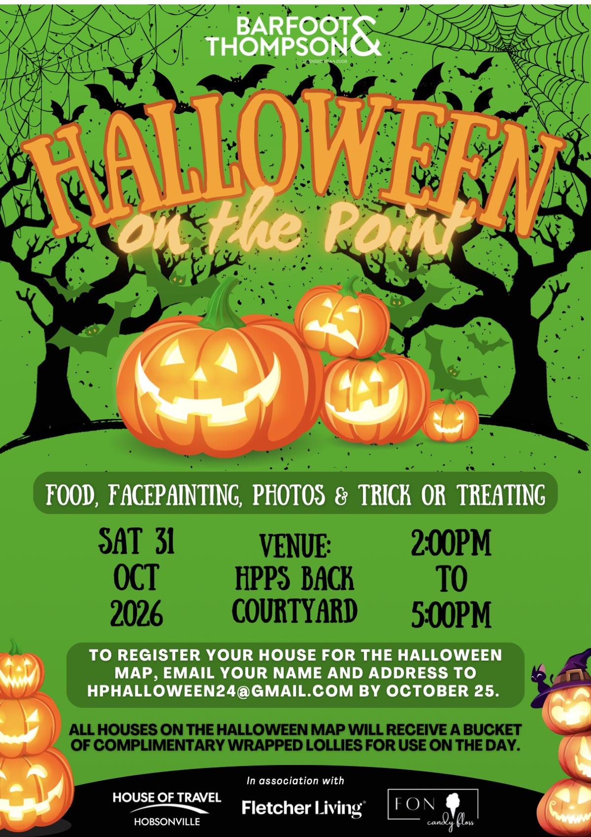 The Halloween on the Point poster: jack-o'-lanterns under bare trees on a bright green ground, with the date, time and venue below